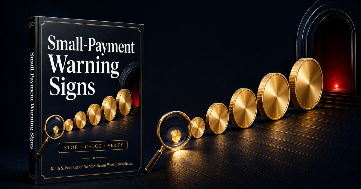 Small-Payment Warning Signs report cover beside a trail of gold coins leading toward a warning-lit doorway
